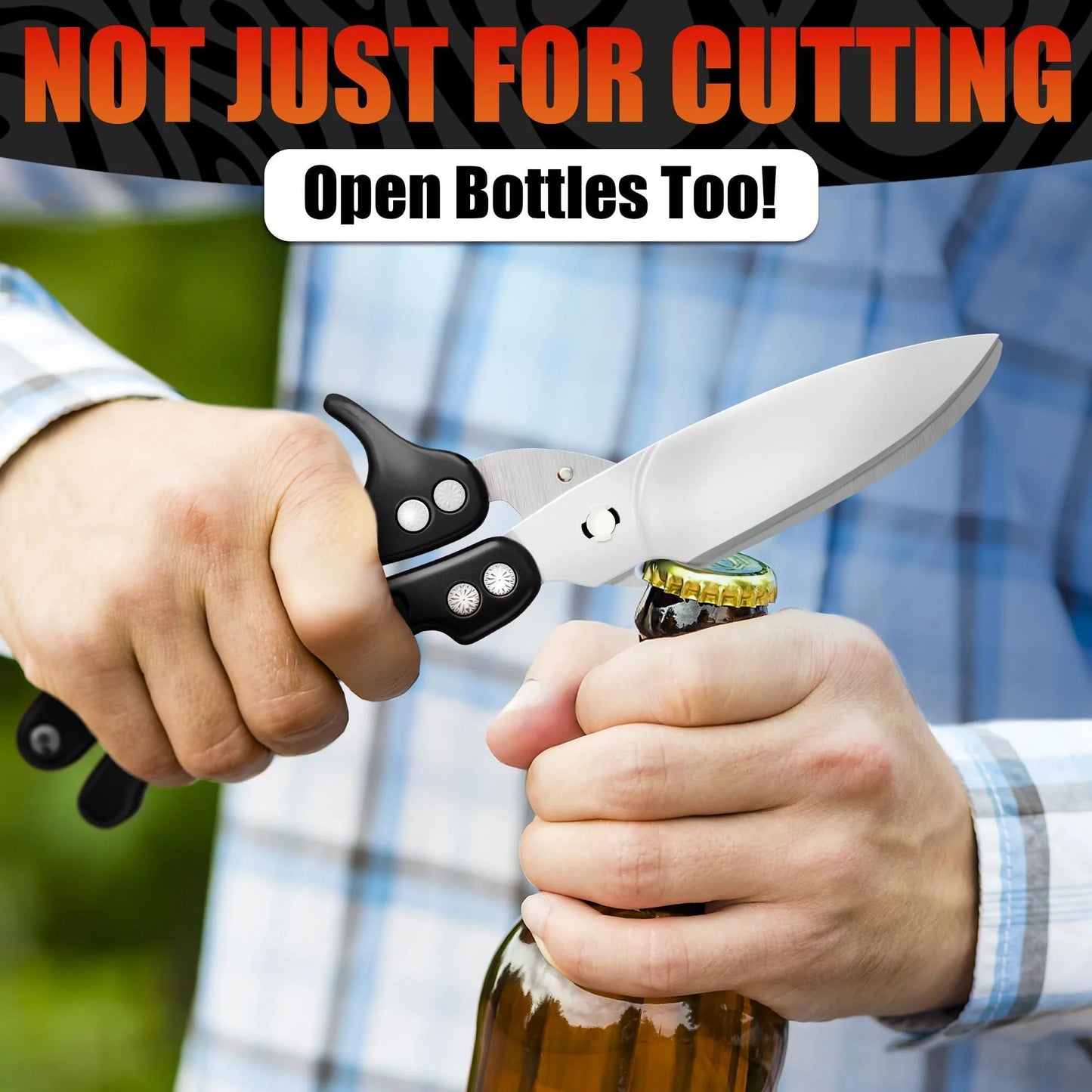 4 in 1 Multi Use Kitchen Shears for Food Heavy Duty Sharp Seafood Fish Turkey Chicken Shears with Non Slip Metal Handle Micro Serrated Blades Spring Loaded Safety Lock Bone Scissors Black