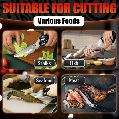 4 in 1 Multi Use Kitchen Shears for Food Heavy Duty Sharp Seafood Fish Turkey Chicken Shears with Non Slip Metal Handle Micro Serrated Blades Spring Loaded Safety Lock Bone Scissors Black