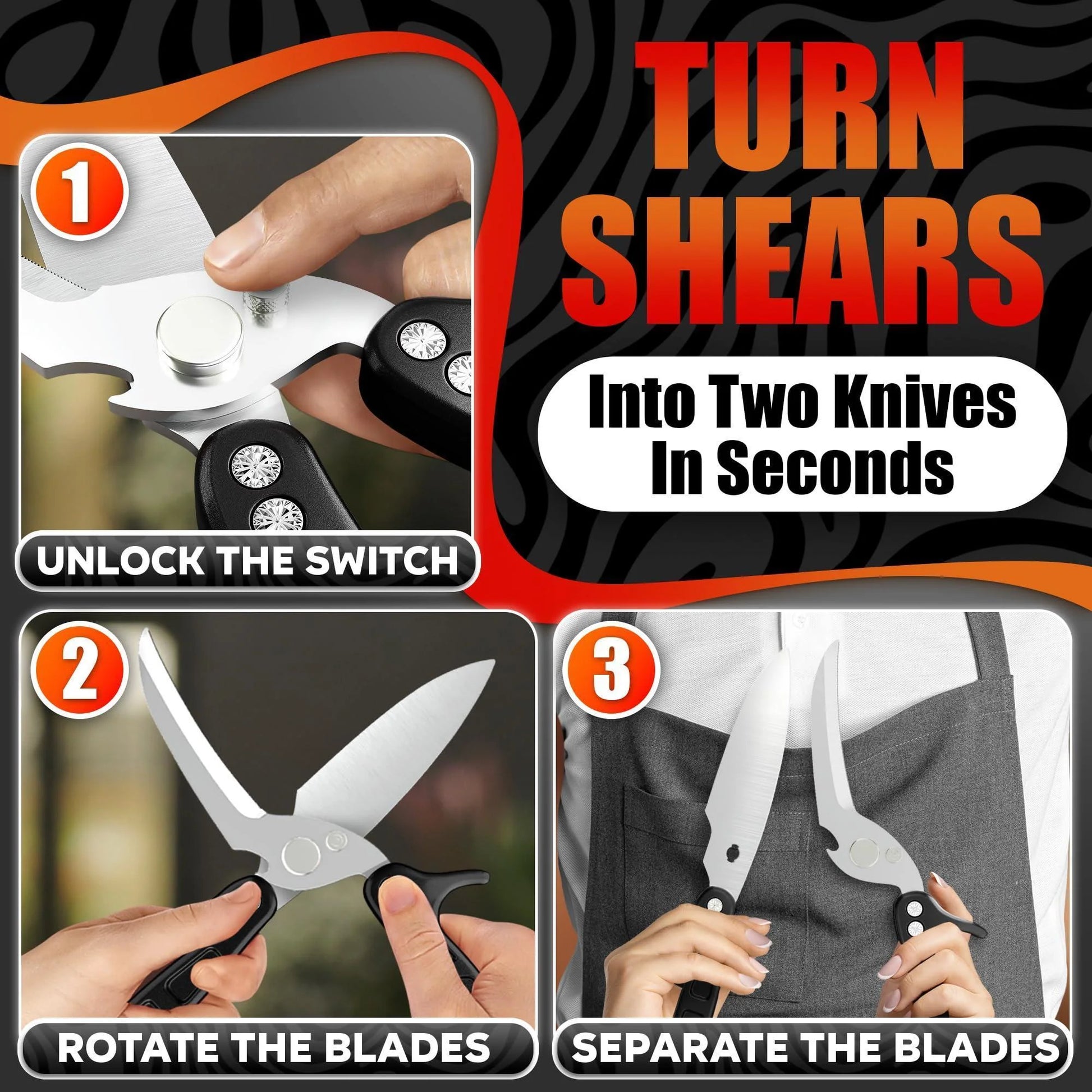 4 in 1 Multi Use Kitchen Shears for Food Heavy Duty Sharp Seafood Fish Turkey Chicken Shears with Non Slip Metal Handle Micro Serrated Blades Spring Loaded Safety Lock Bone Scissors Black