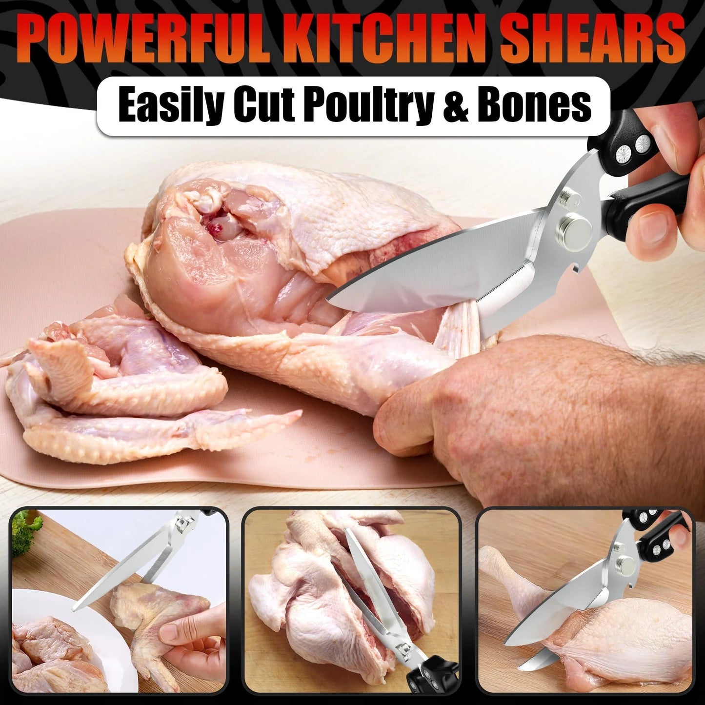 4 in 1 Multi Use Kitchen Shears for Food Heavy Duty Sharp Seafood Fish Turkey Chicken Shears with Non Slip Metal Handle Micro Serrated Blades Spring Loaded Safety Lock Bone Scissors Black