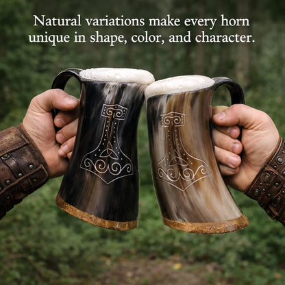 Genuine Viking Drinking Horn Mug | Authentic Medieval Beer Horn Tankard | 24Oz Capacity Horn Cup/Stein | Burlap Gift Sack Included. (Thor Mug & Brass Hammer Opener)