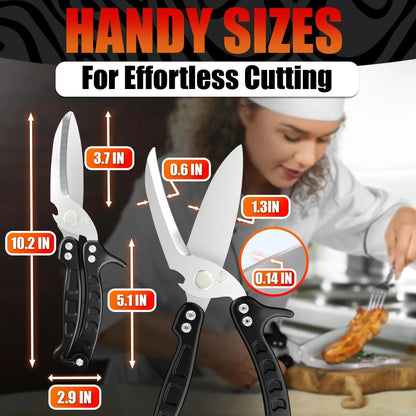 4 in 1 Multi Use Kitchen Shears for Food Heavy Duty Sharp Seafood Fish Turkey Chicken Shears with Non Slip Metal Handle Micro Serrated Blades Spring Loaded Safety Lock Bone Scissors Black