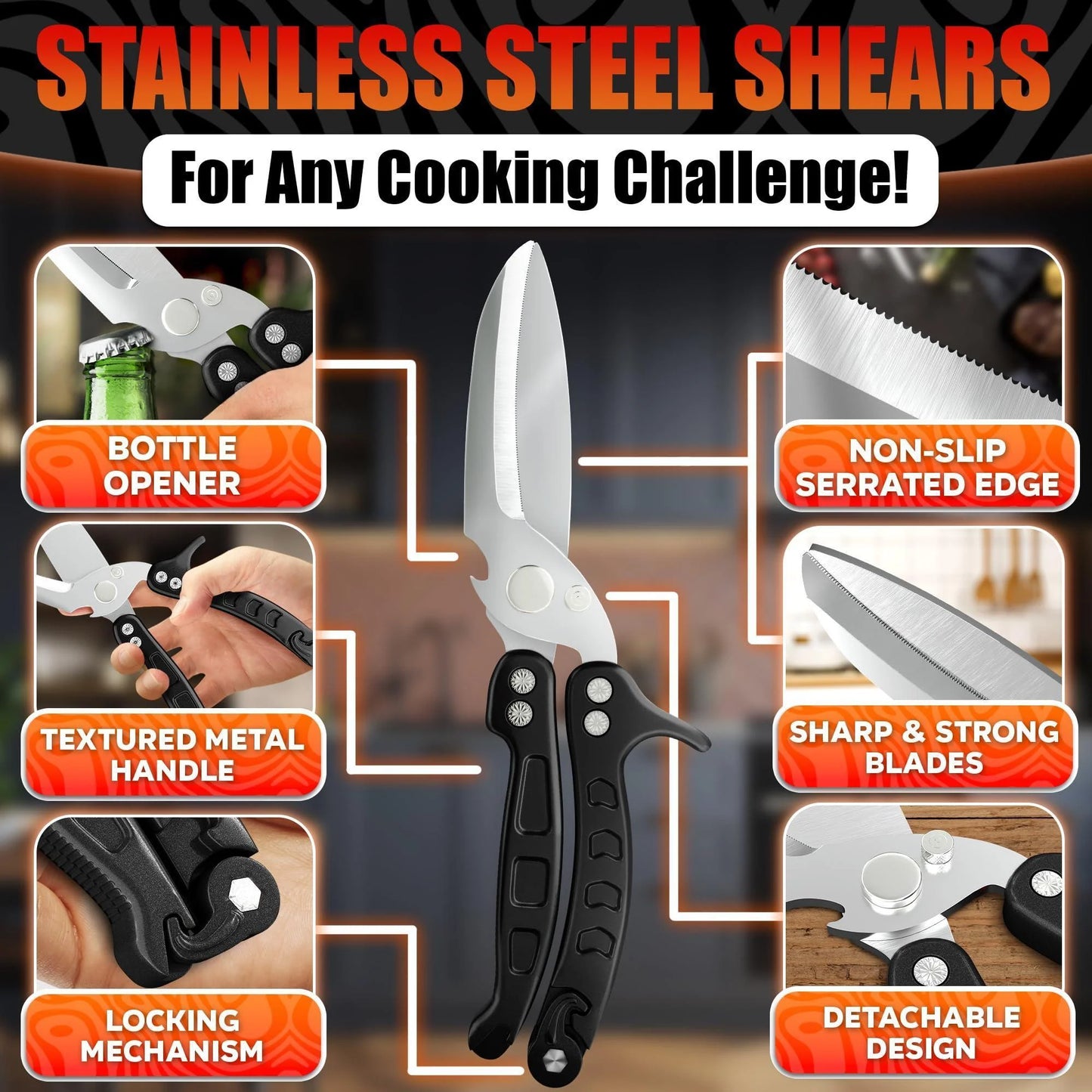 4 in 1 Multi Use Kitchen Shears for Food Heavy Duty Sharp Seafood Fish Turkey Chicken Shears with Non Slip Metal Handle Micro Serrated Blades Spring Loaded Safety Lock Bone Scissors Black