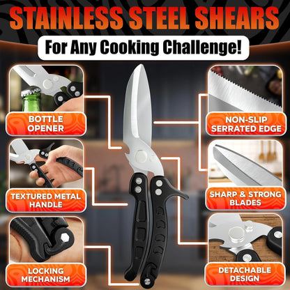 4 in 1 Multi Use Kitchen Shears for Food Heavy Duty Sharp Seafood Fish Turkey Chicken Shears with Non Slip Metal Handle Micro Serrated Blades Spring Loaded Safety Lock Bone Scissors Black