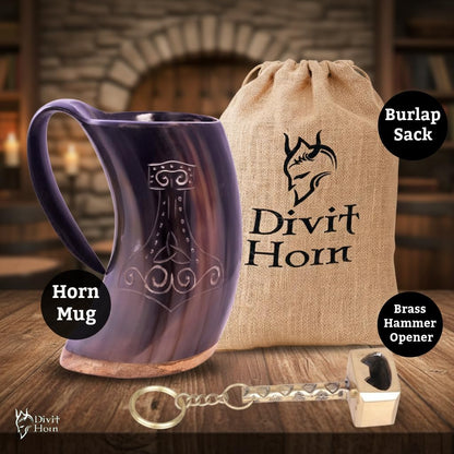 Genuine Viking Drinking Horn Mug | Authentic Medieval Beer Horn Tankard | 24Oz Capacity Horn Cup/Stein | Burlap Gift Sack Included. (Thor Mug & Brass Hammer Opener)