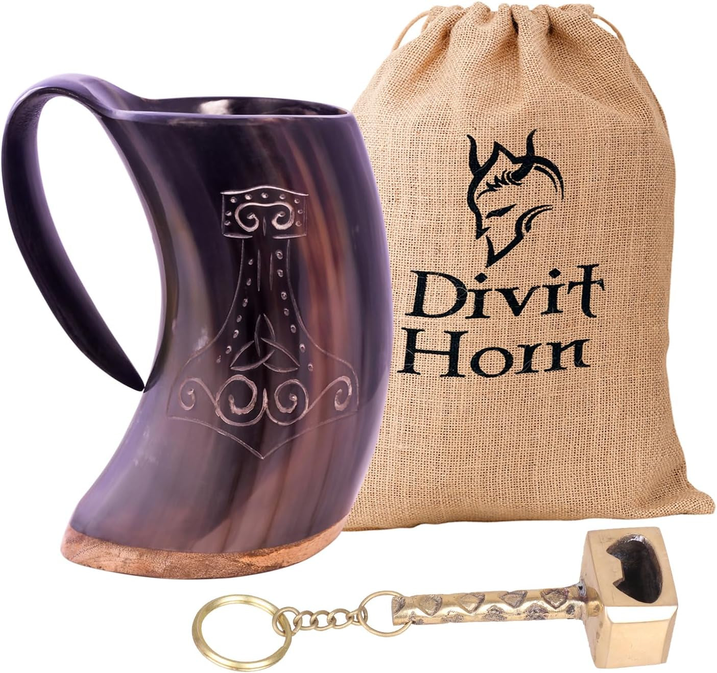 Genuine Viking Drinking Horn Mug | Authentic Medieval Beer Horn Tankard | 24Oz Capacity Horn Cup/Stein | Burlap Gift Sack Included. (Thor Mug & Brass Hammer Opener)