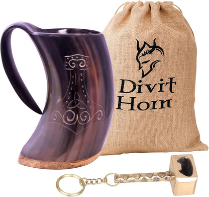 Genuine Viking Drinking Horn Mug | Authentic Medieval Beer Horn Tankard | 24Oz Capacity Horn Cup/Stein | Burlap Gift Sack Included. (Thor Mug & Brass Hammer Opener)