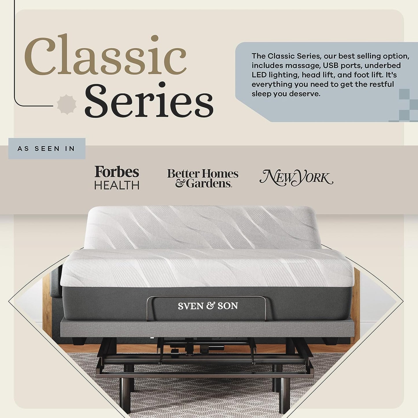 Sven & Son Classic Adjustable Bed Base, Head and Foot Lift, Massage, Under-Bed Lights, USB, Gel Memory, Zero Gravity Smart Frame - Queen + 14 Inch Hybrid Spring Matt (Medium Soft)