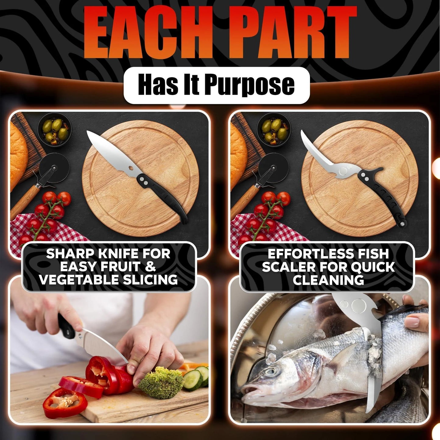 4 in 1 Multi Use Kitchen Shears for Food Heavy Duty Sharp Seafood Fish Turkey Chicken Shears with Non Slip Metal Handle Micro Serrated Blades Spring Loaded Safety Lock Bone Scissors Black