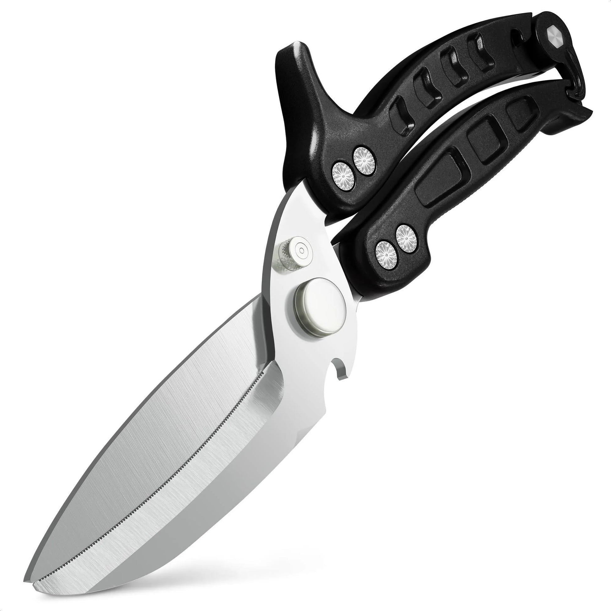 4 in 1 Multi Use Kitchen Shears for Food Heavy Duty Sharp Seafood Fish Turkey Chicken Shears with Non Slip Metal Handle Micro Serrated Blades Spring Loaded Safety Lock Bone Scissors Black