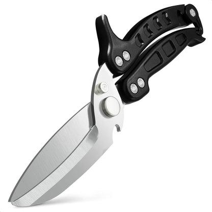 4 in 1 Multi Use Kitchen Shears for Food Heavy Duty Sharp Seafood Fish Turkey Chicken Shears with Non Slip Metal Handle Micro Serrated Blades Spring Loaded Safety Lock Bone Scissors Black