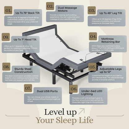 Sven & Son Harmony Adjustable Bed Base, Head and Foot Lift, Massage, Under-Bed Lights, USB, Gel Memory, Zero Gravity Smart Frame - Twin XL + 14 Inch Hybrid Spring Matt (Medium Soft)