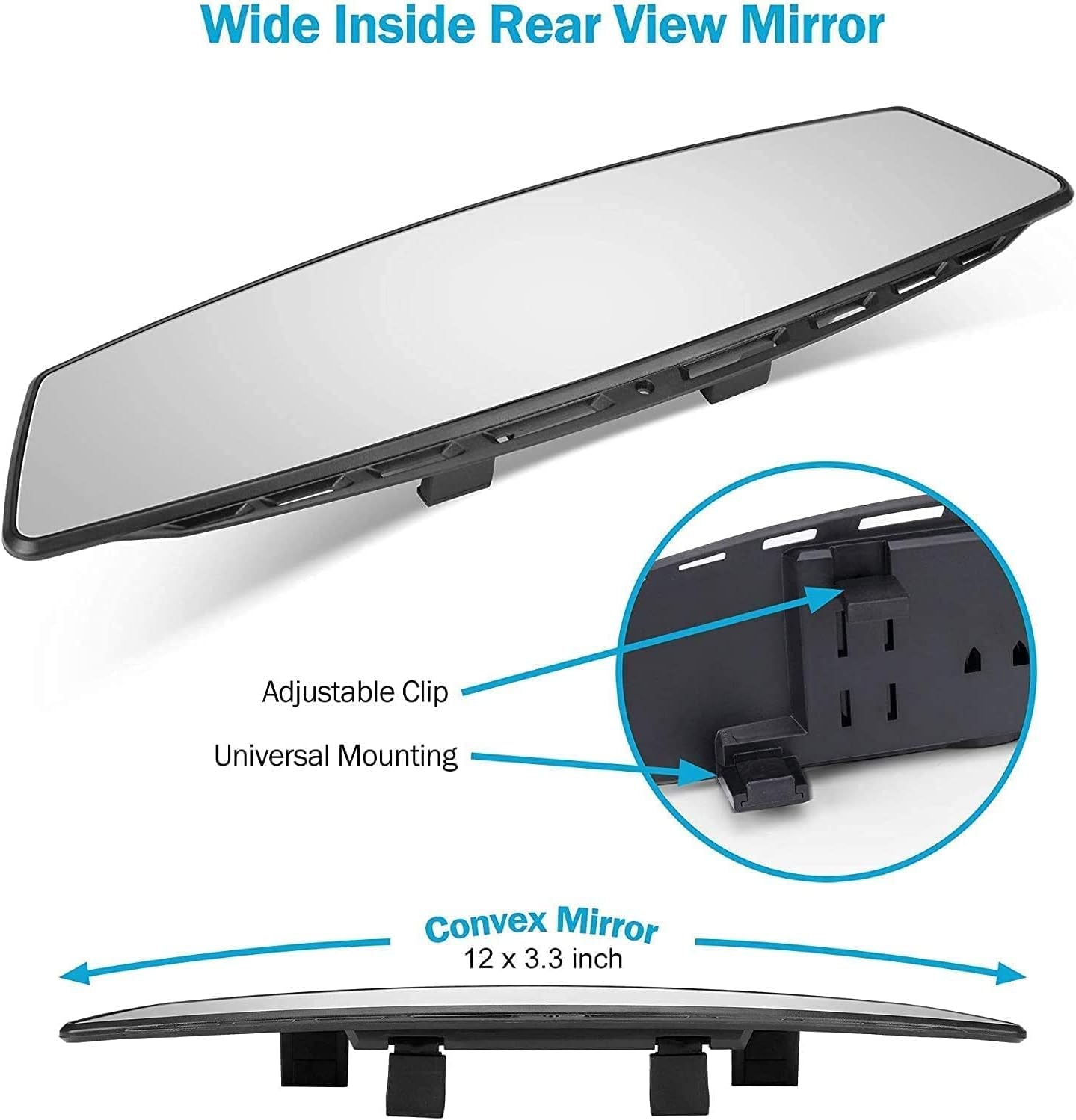 Universal 12 Inch Interior Clip on Panoramic Rearview Car Wide Angle Mirror, anti Glare, Clear Tint