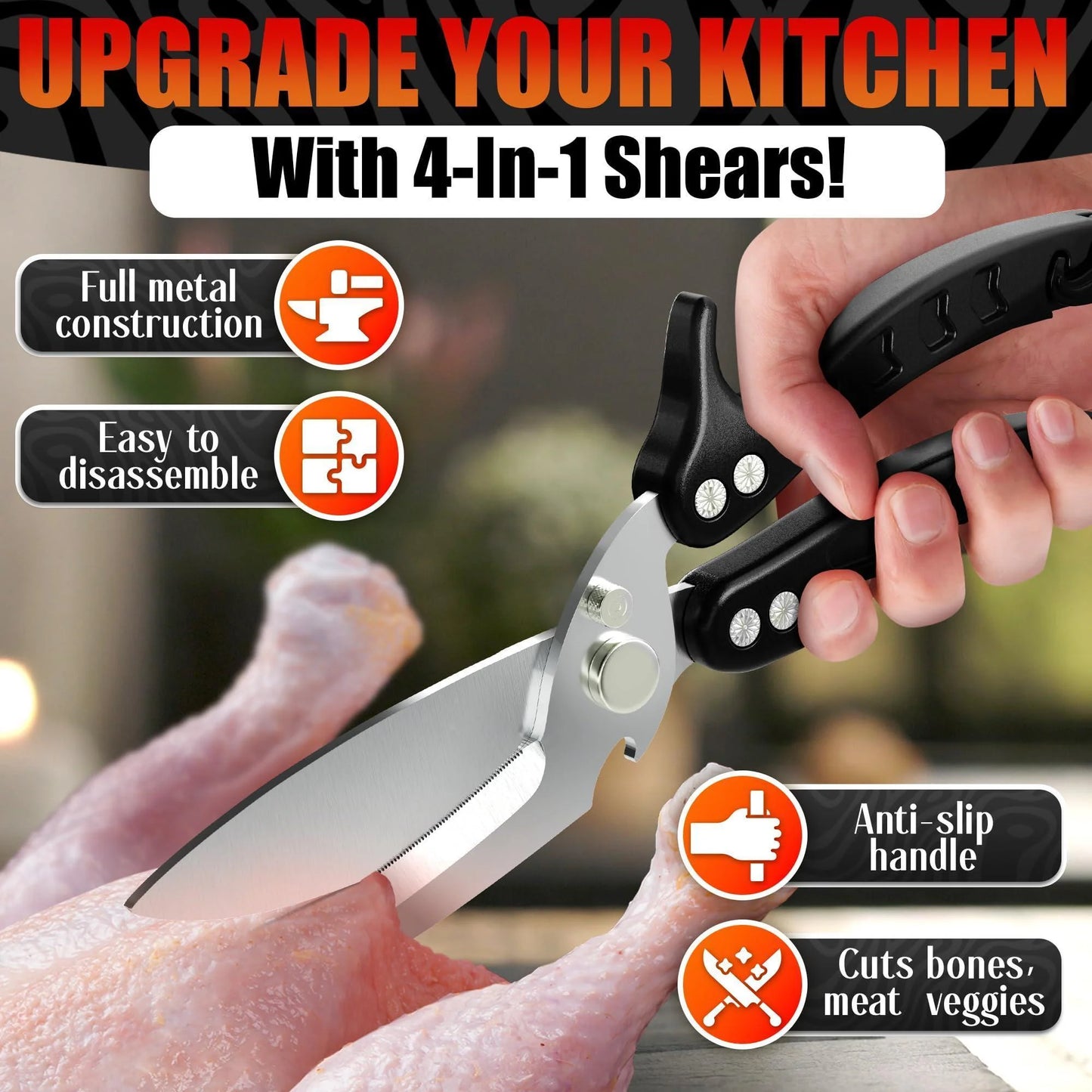 4 in 1 Multi Use Kitchen Shears for Food Heavy Duty Sharp Seafood Fish Turkey Chicken Shears with Non Slip Metal Handle Micro Serrated Blades Spring Loaded Safety Lock Bone Scissors Black