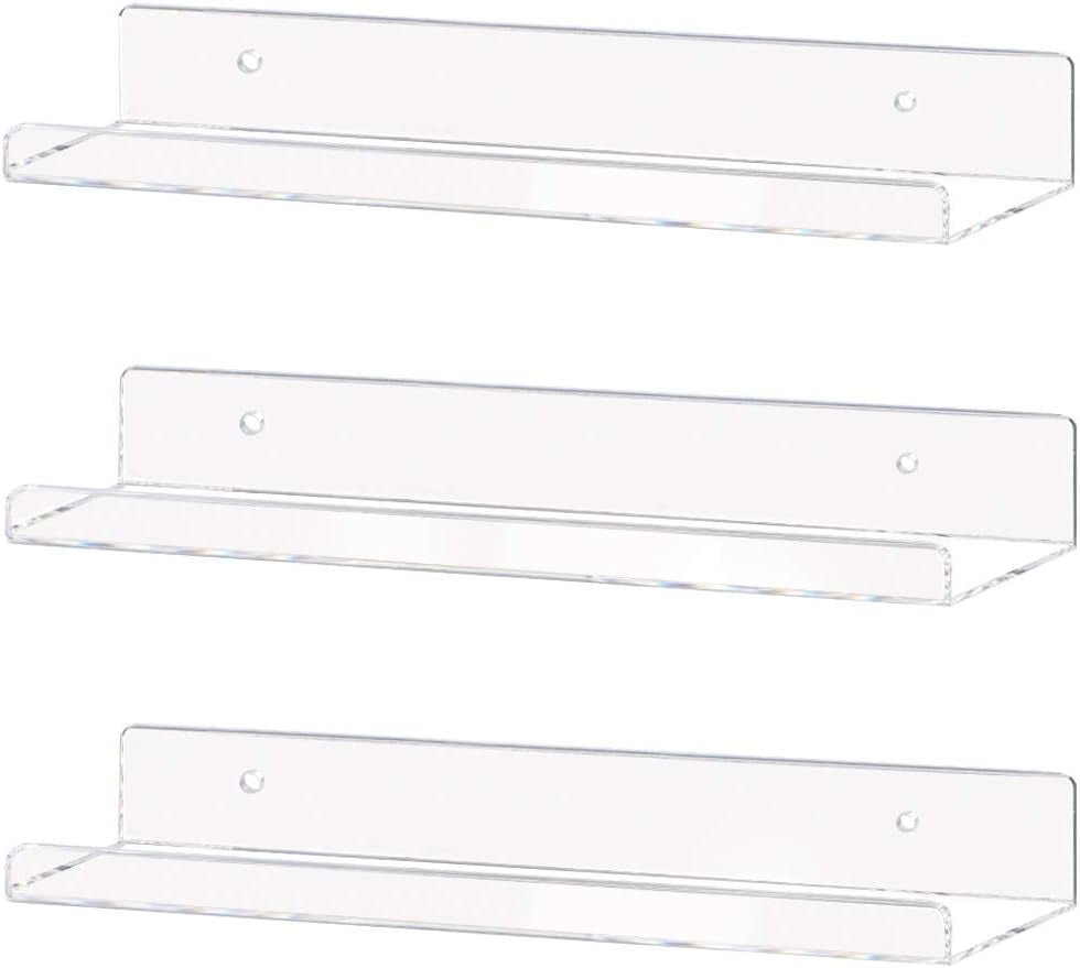 Clear Acrylic Shelves 15" Invisible Floating Wall Mount Display Bookshelf