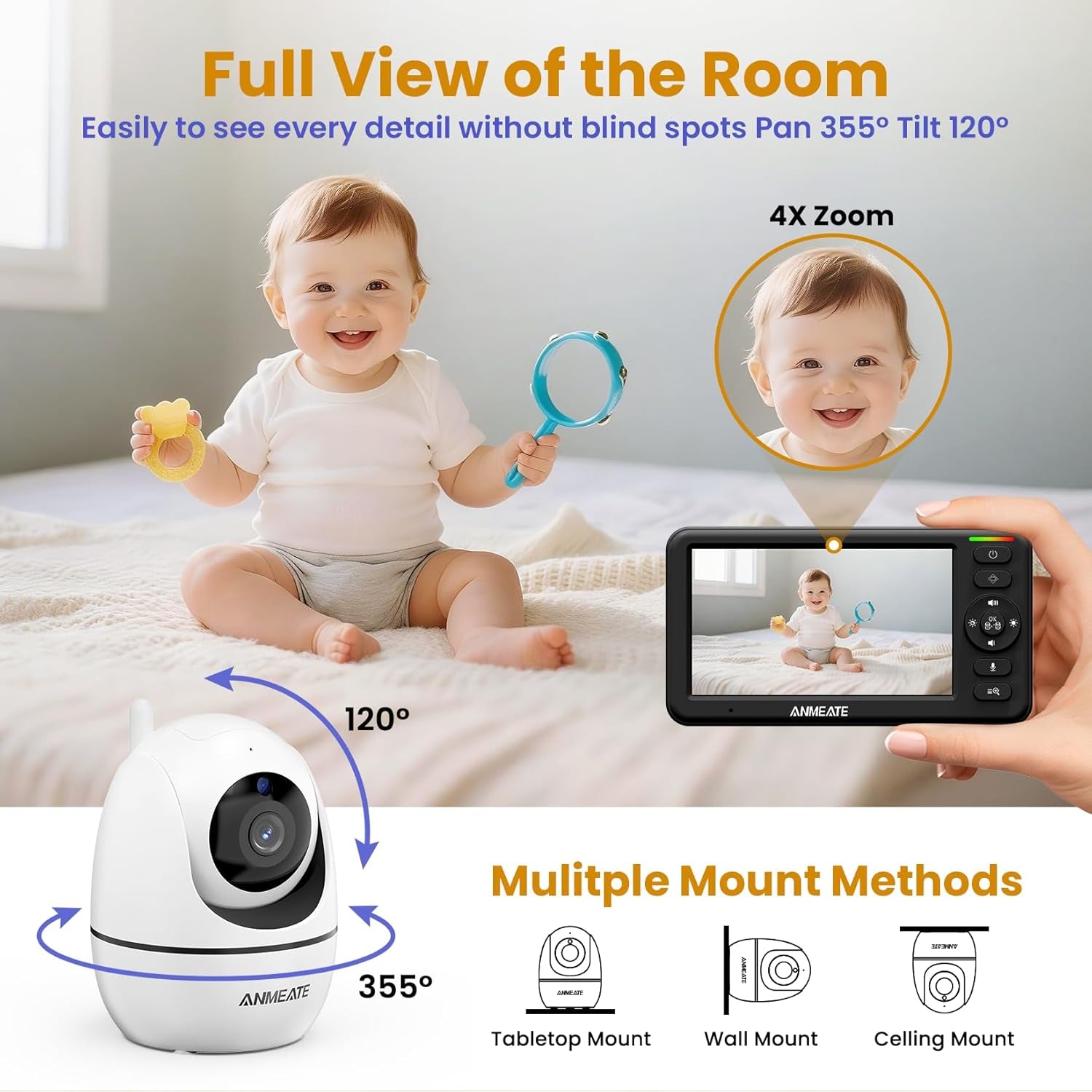Baby Monitor with Camera and Audio – 720P Baby Camera No Wifi, 5" HD Display,Remote Pan& Tilt& Zoom, 48 Hours Battery Life, HD Night Vision, Two-Way Talk, Lullabies, Thermal Monitor, 1000Ft Range