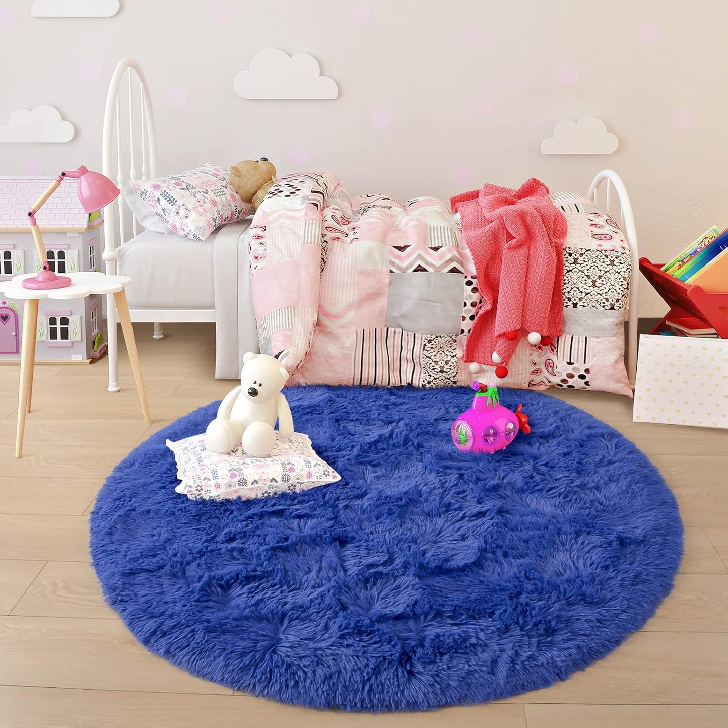 round Rug 5X5 Feet Fluffy Soft Area Rugs for Kids Girls Room Princess Castle Plush Shaggy Carpet Cute Circle Nursery Rug for Kids Girls Bedroom Baby Room Home Decor Circular Carpet, Light Navy