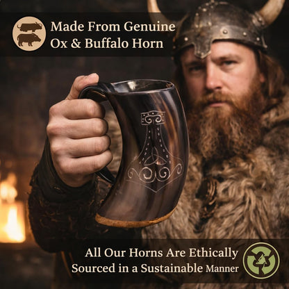 Genuine Viking Drinking Horn Mug | Authentic Medieval Beer Horn Tankard | 24Oz Capacity Horn Cup/Stein | Burlap Gift Sack Included. (Thor Mug & Brass Hammer Opener)