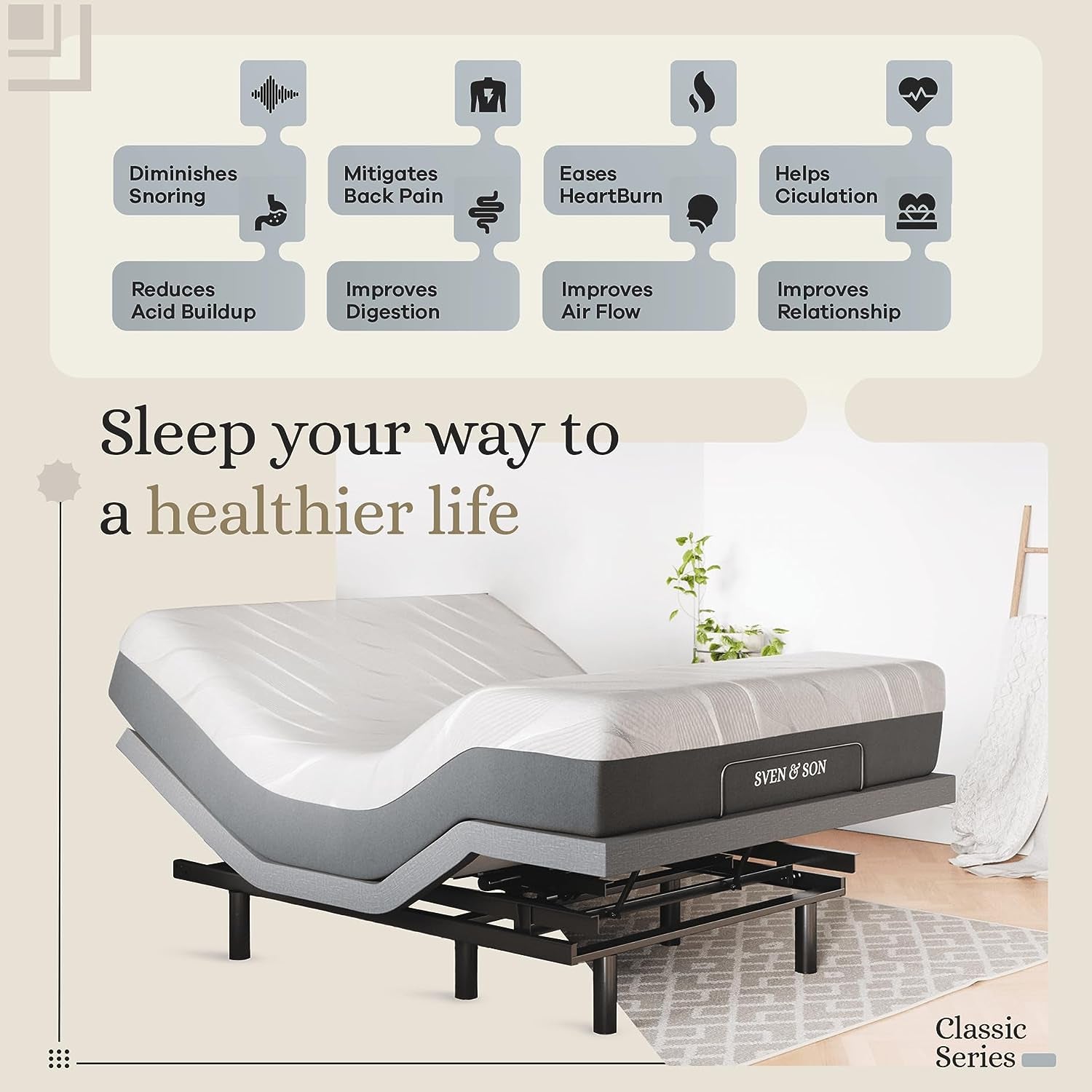 Sven & Son Classic Adjustable Bed Base, Head and Foot Lift, Massage, Under-Bed Lights, USB, Gel Memory, Zero Gravity Smart Frame - Queen + 14 Inch Hybrid Spring Matt (Medium Soft)